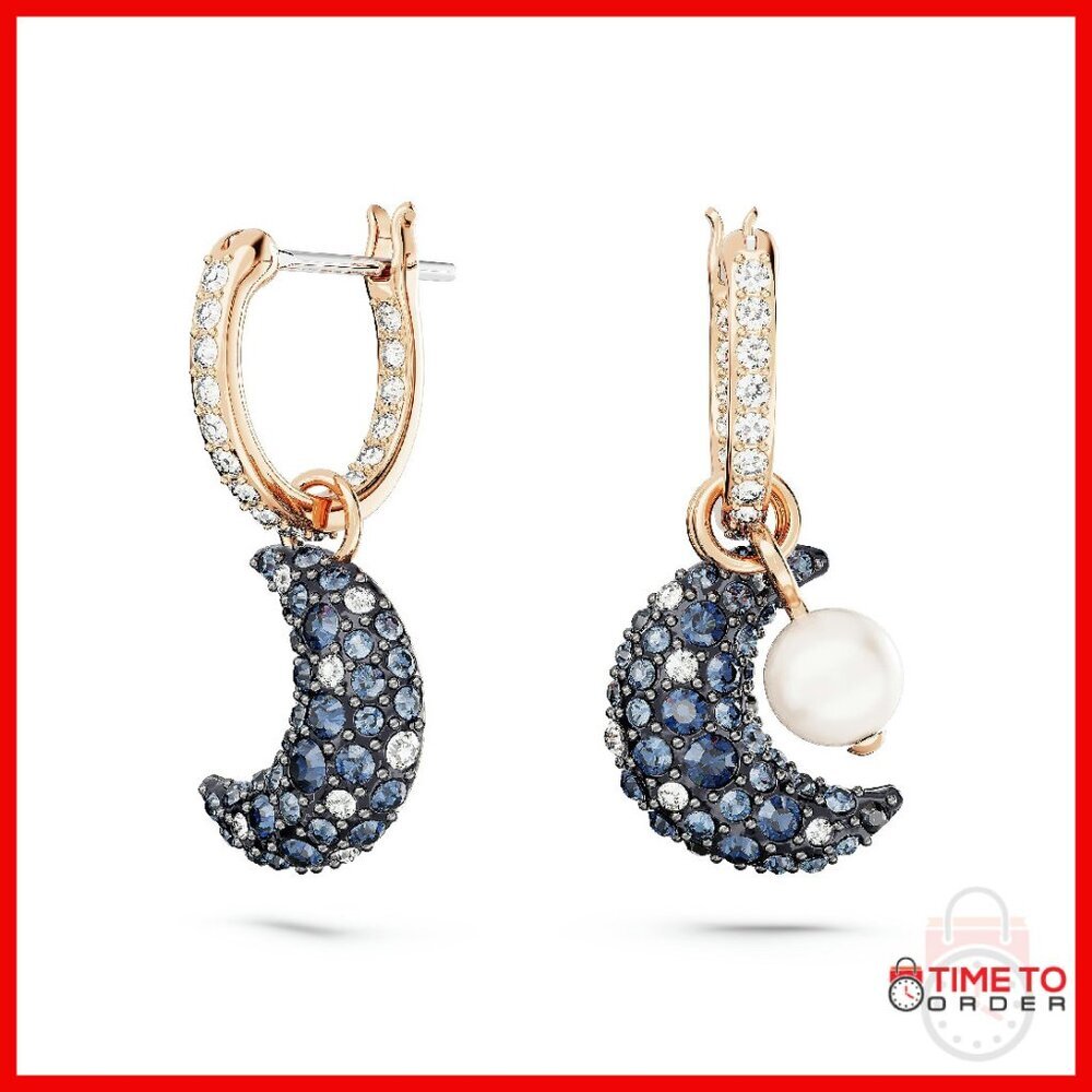 Crystal Drop Earrings With Moon Motif, Rose Gold Tone, Lever Back